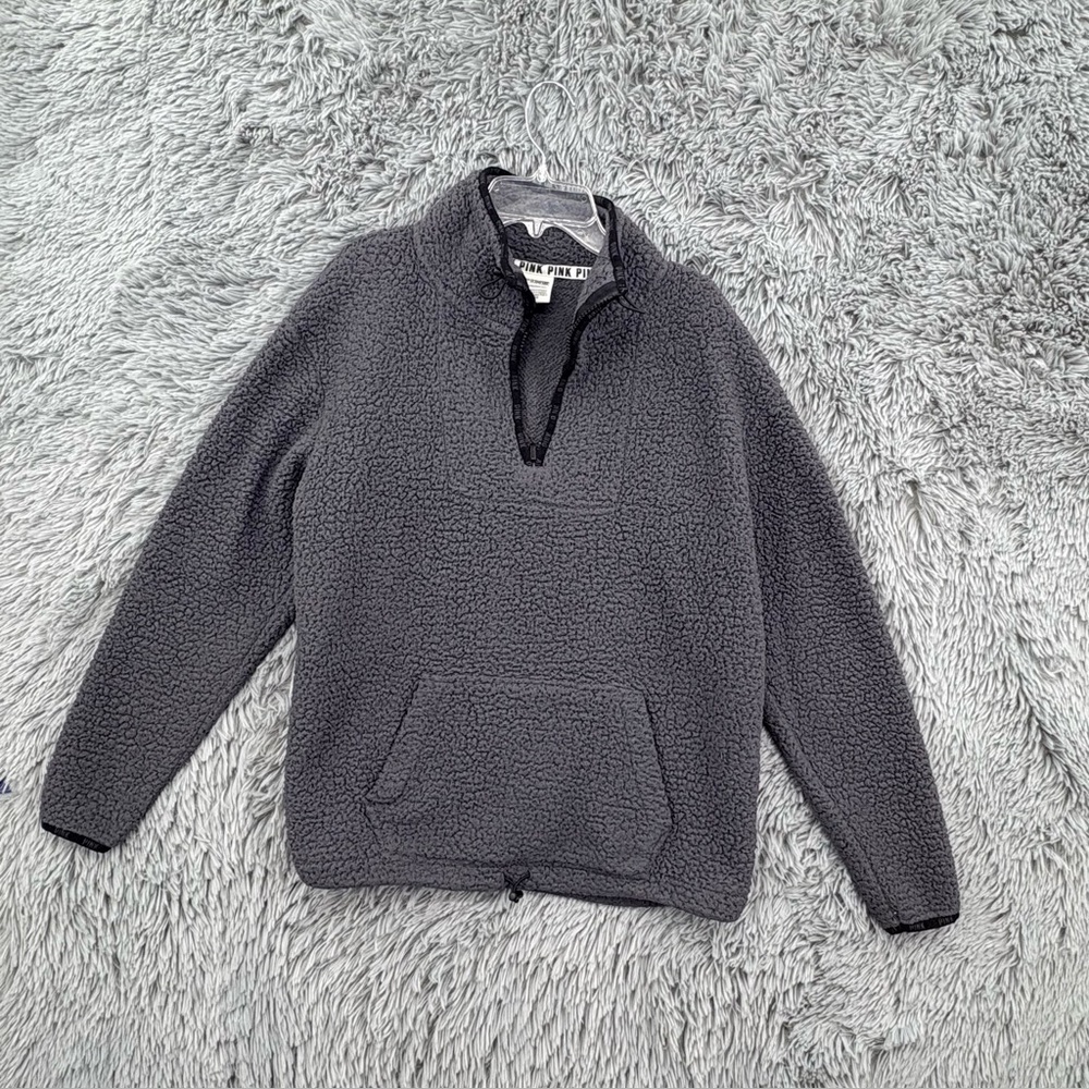 Victorias Secret PINK Pullover Womens XS Gray Sherpa Quarter Zip Toggle Waist